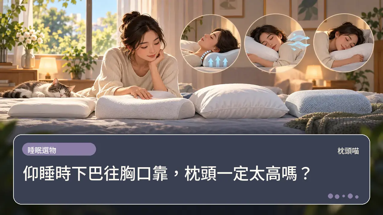 仰睡時下巴往胸口靠,枕頭一定太高嗎?主題插畫