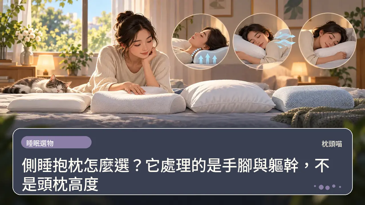 側睡抱枕怎麼選?它處理的是手腳與軀幹,不是頭枕高度主題插畫
