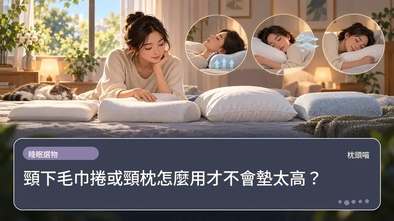 頸下毛巾捲或頸枕怎麼用才不會墊太高?主題插畫