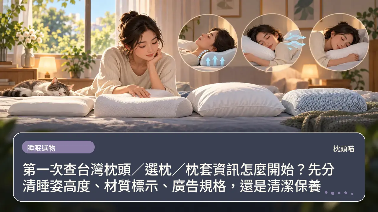 第一次查台灣枕頭/選枕/枕套資訊怎麼開始?先分清睡姿高度、材質標示、廣告規格,還是清潔保養主題插畫