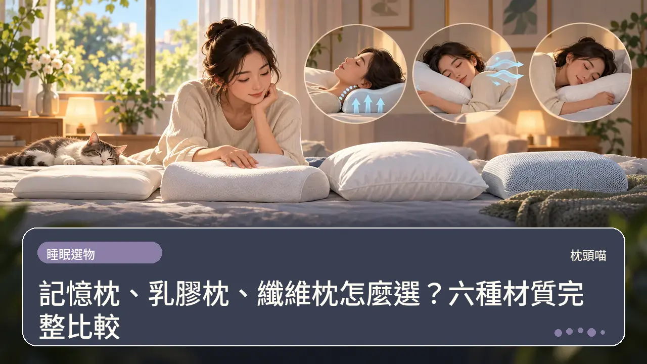 記憶枕、乳膠枕、纖維枕怎麼選？六種材質完整比較主題插畫