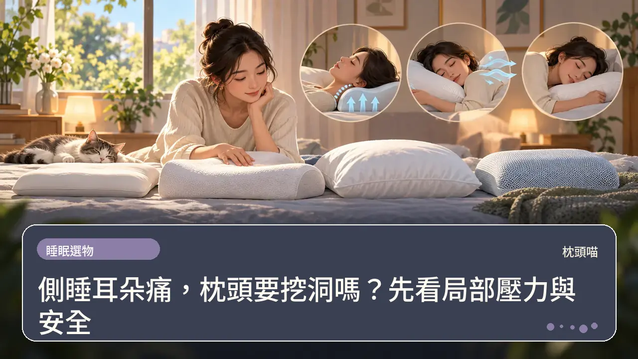 側睡耳朵痛,枕頭要挖洞嗎?先看局部壓力與安全主題插畫